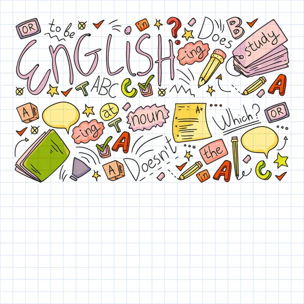 Cursos de inglês. Doodle vector concept ilustração da aprendizagem da língua inglesa . —  Vetores de Stock