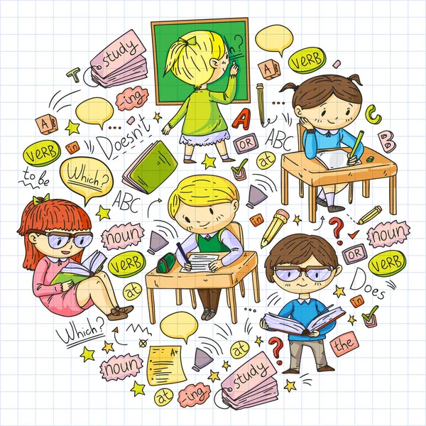 Escuela de inglés para niños. Aprende el idioma. Ilustración del vector educativo. Niños dibujo doodle estilo imagen . — Archivo Imágenes Vectoriales