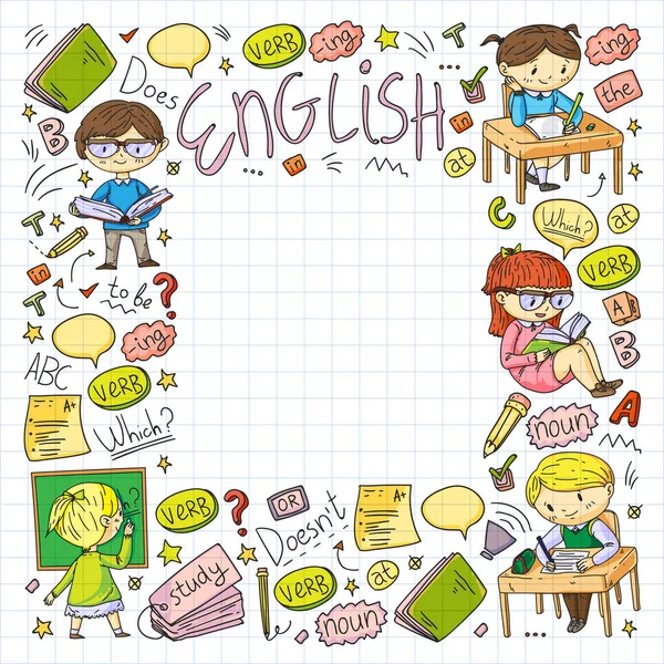 Escola de inglês para crianças. Aprenda linguagem. Ilustração vetorial educação. Crianças desenho imagem estilo doodle . — Vetor de Stock