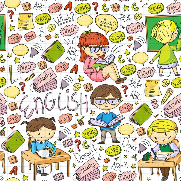Englische Schule für Kinder. Sprache lernen. Illustration eines Bildungsvektors. Kinder zeichnen Doodle-Stil Bild. — Stockvektor