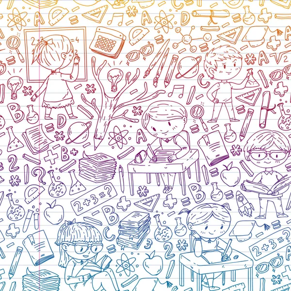 De vuelta a la escuela. Iconos vectoriales y elementos para niños pequeños, la universidad. Estilo Doodle, dibujo de niños — Archivo Imágenes Vectoriales