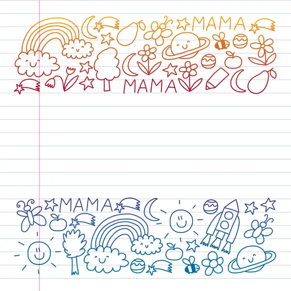 Pola vektor untuk spanduk taman kanak-kanak, poster dengan bulan, planet, pesawat ruang angkasa, roket, matahari, buah-buahan, rumah, bunga. Kreativitas dan imajinasi  . Stok Ilustrasi 