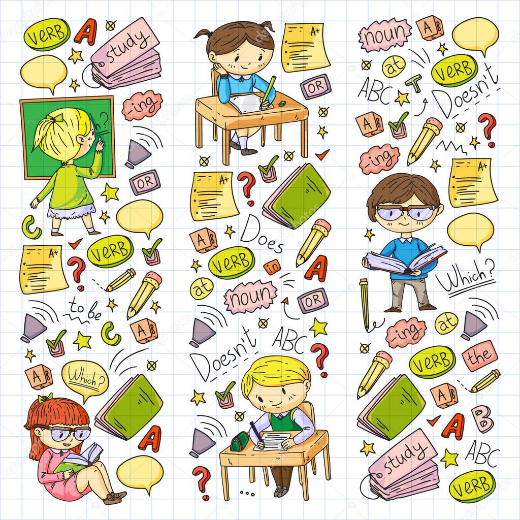 English school for children. Learn language. Education vector illustration. Kids drawing doodle style image.