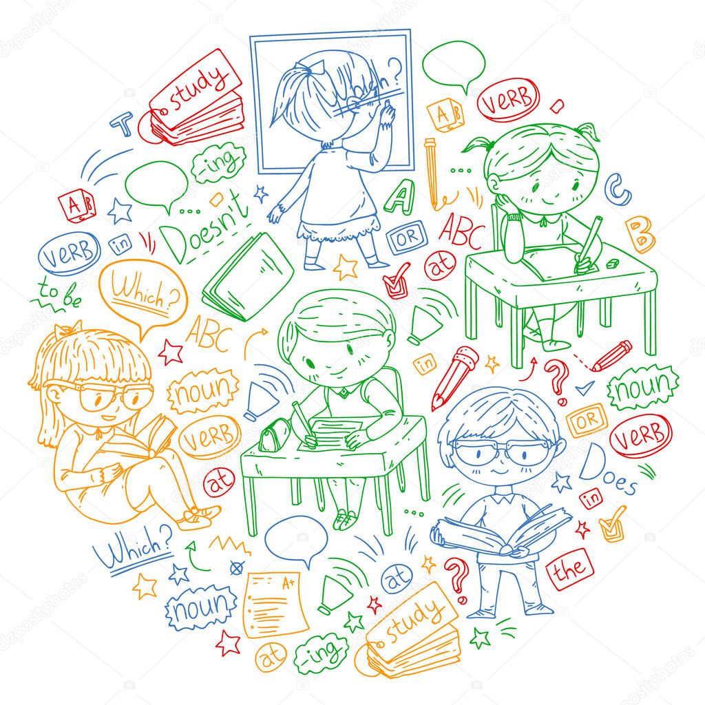 English school for children. Learn language. Education vector illustration. Kids drawing doodle style image.