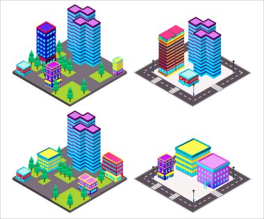 Isome şehri, kasaba, megapolis inşaatçısı. Gökdelenler, binalar. 3 boyutlu simgeler ve elementler. Kendi şehrini kur..