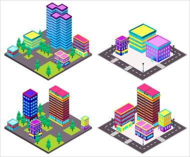 Isome şehri, kasaba, megapolis inşaatçısı. Gökdelenler, binalar. 3 boyutlu simgeler ve elementler. Kendi şehrini kur..