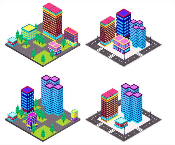 Isometric kota, kota, megapolis konstruktor. Ilustrasi dengan pencakar langit, bangunan. 3d ikon dan elemen. Membangun kota Anda sendiri . - Stok Vektor