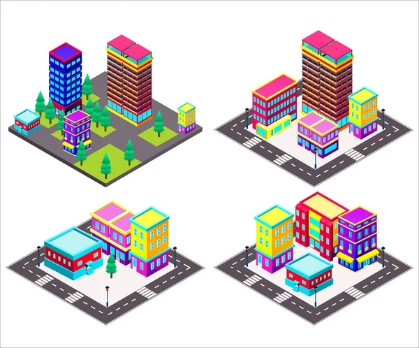 Isometrische Stadt, Stadt, Megapolis-Konstrukteur. Illustration mit Wolkenkratzern, Gebäuden. 3D-Symbole und Elemente. Baue deine eigene Stadt. — Stockvektor