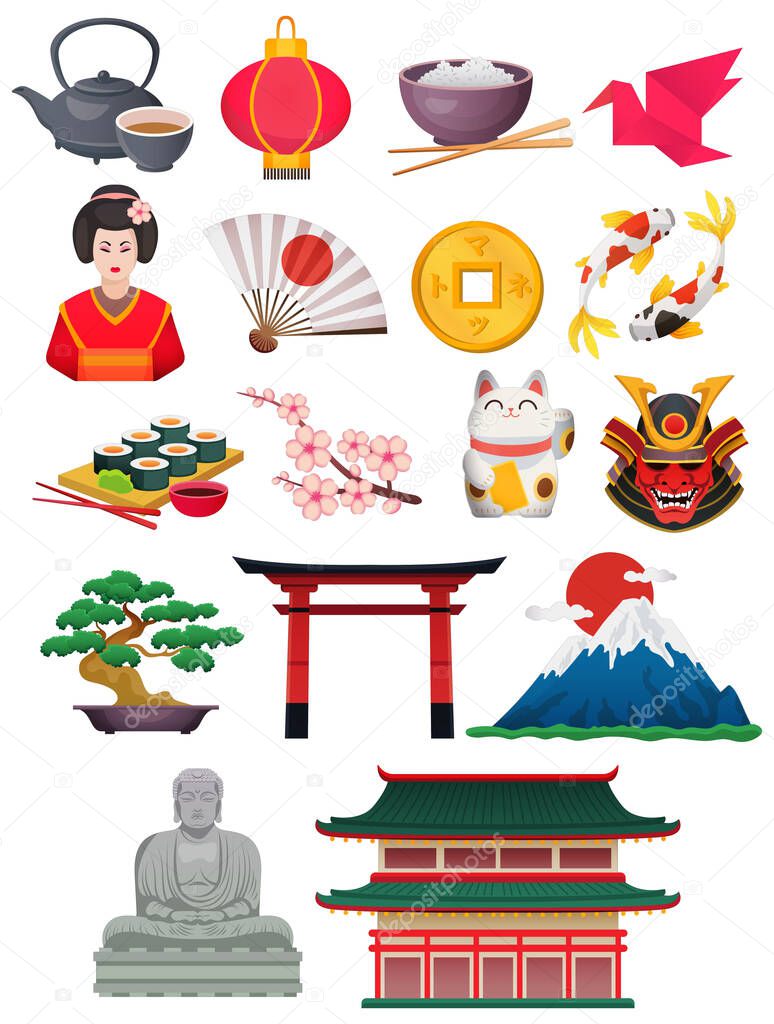 Vector icons with Japan symbols. Fuji mountain, sun, Budha