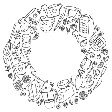 Yemek kursuna. Mutfak eşyaları, tabağını. Yemek ve mutfak simgeler.