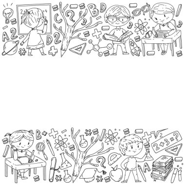 Okula geri dön. Vektör simgeleri ve küçük çocuklar için öğeleri, kolej, online kurslar. Doodle tarzı, çocuk çizim