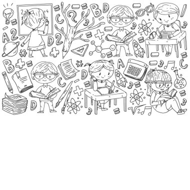 Okula geri dön. Vektör simgeleri ve küçük çocuklar için öğeleri, kolej, online kurslar. Doodle tarzı, çocuk çizim