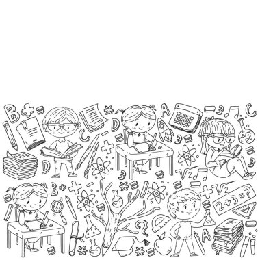 Okula geri dön. Vektör simgeleri ve küçük çocuklar için öğeleri, kolej, online kurslar. Doodle tarzı, çocuk çizim