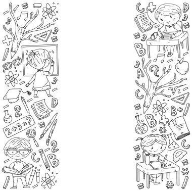 Okula geri dön. Vektör simgeleri ve küçük çocuklar için öğeleri, kolej, online kurslar. Doodle tarzı, çocuk çizim