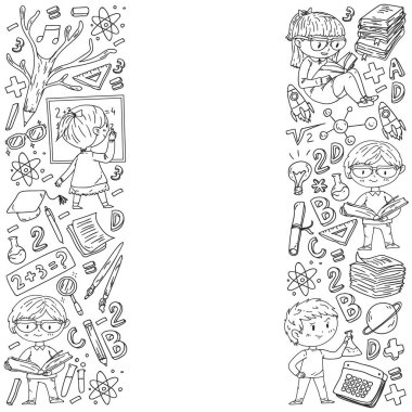 Okula geri dön. Vektör simgeleri ve küçük çocuklar için öğeleri, kolej, online kurslar. Doodle tarzı, çocuk çizim