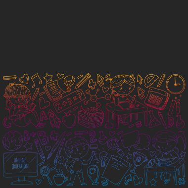 Okula geri dön. Kitap, eğitim unsuru ve küçük öğrencilerle desen. Çocuklar, matematik öğrenen çocuklar, coğrafya, geometri, fizik, kimya