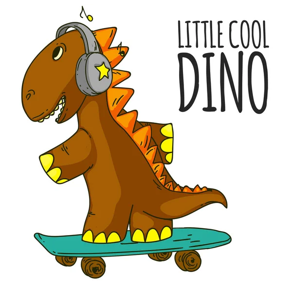 멋진 공룡, 디노 음악듣기. 아이들을 위한 만화 마스코트, 아이들의 옷. 티셔츠 디자인의 유행하는 삽화 — 스톡 벡터