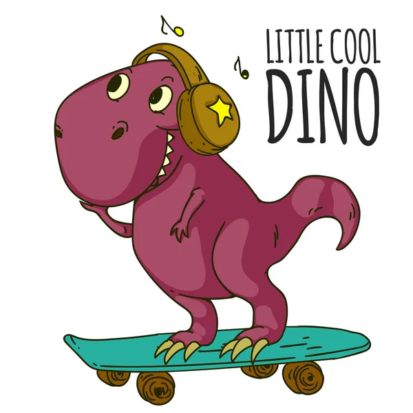 멋진 공룡, 디노 음악듣기. 아이들을 위한 만화 마스코트, 아이들의 옷. 티셔츠 디자인의 유행하는 삽화 — 스톡 벡터