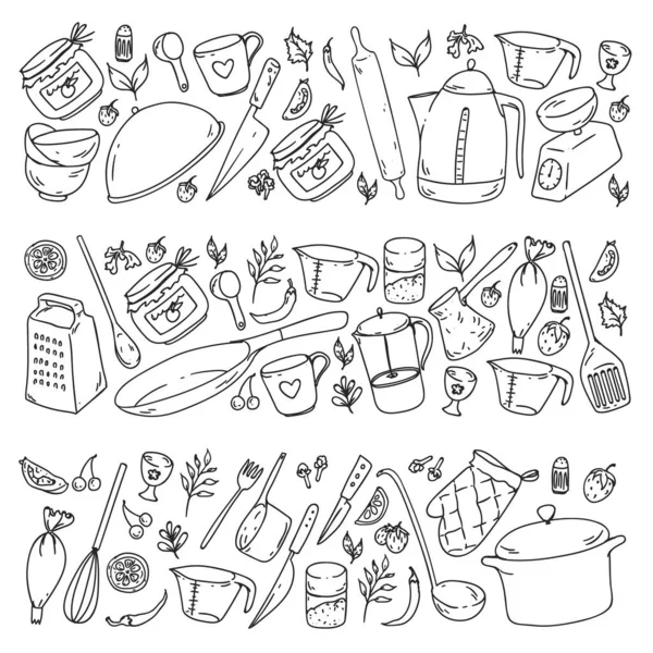 Μάθημα μαγειρικής. Μαγειρικά σκεύη, είδη οικιακής χρήσης. Τροφών και μαγειρείων εικονίδια. — Διανυσματικό Αρχείο