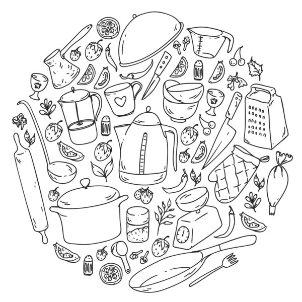 Клас приготування їжі. Кухонне приладдя, вуса. Їжа та кухонні значки . — стоковий вектор