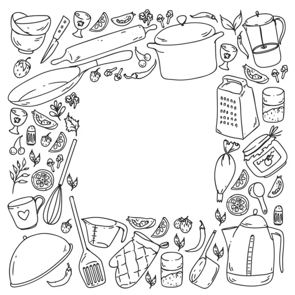 Clase de cocina. Utensilios de cocina, utencils. Iconos de comida y cocina . — Vector de stock