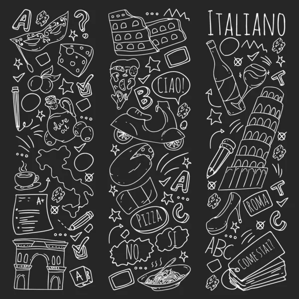 Aprendizaje de italiano. Patrón vectorial con iconos y símbolos nacionales de Italia. — Vector de stock