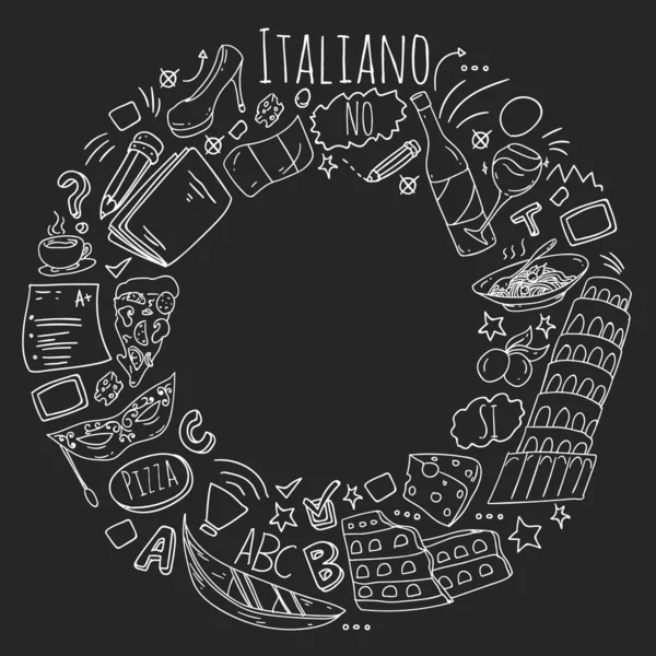 Aprendizagem de italiano. Padrão vetorial com ícones e símbolos nacionais da Itália . — Vetor de Stock