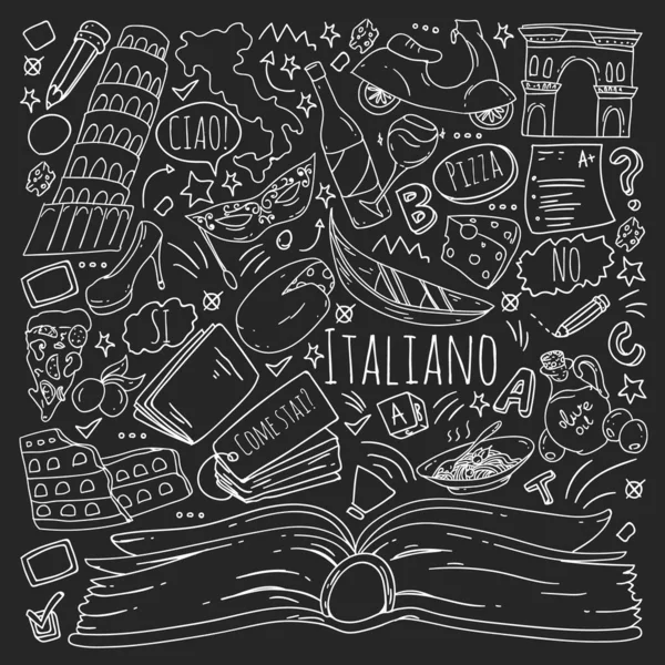 Aprendizagem de italiano. Padrão vetorial com ícones e símbolos nacionais da Itália . — Vetor de Stock