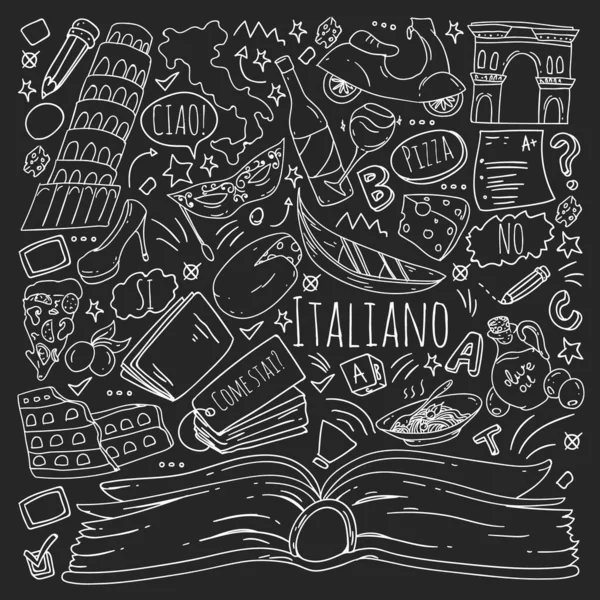 Aprendizaje de italiano. Patrón vectorial con iconos y símbolos nacionales de Italia. — Vector de stock