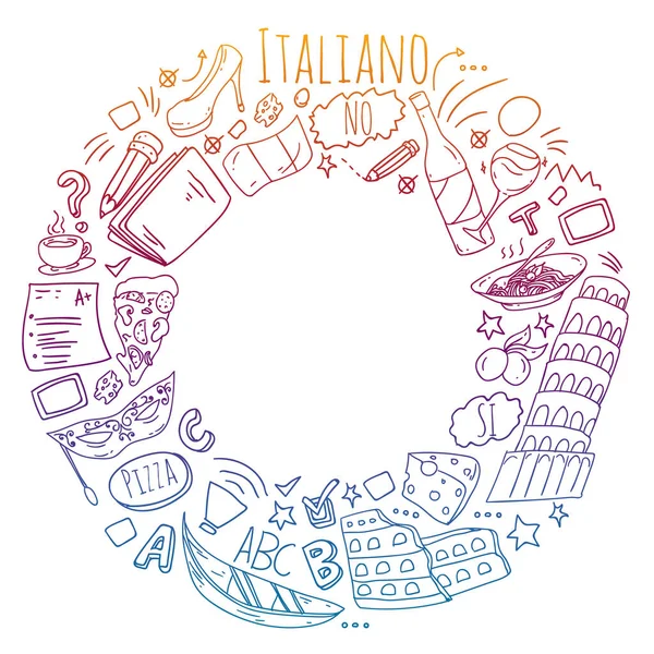 意大利语学习。带有意大利图标和国家符号的矢量模式. — 图库矢量图片