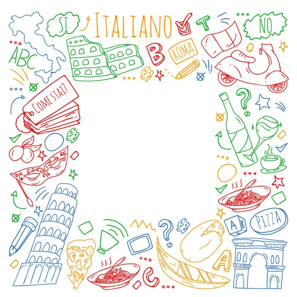Nauka języka włoskiego. Wzór wektorowy z ikonami i symbolami narodowymi Włoch. — Wektor stockowy