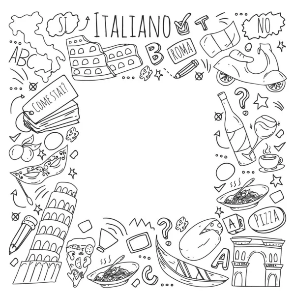 Italiaans leren. Vectorpatroon met pictogrammen en nationale symbolen van Italië. — Stockvector