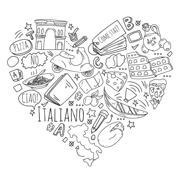 Aprendizaje de italiano. Patrón vectorial con iconos y símbolos nacionales de Italia. — Vector de stock