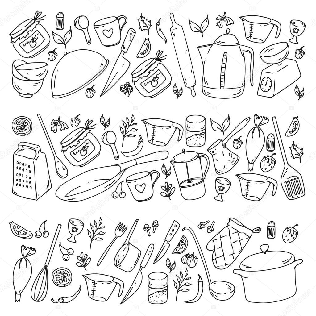 Cooking class. Kitchenware, utencils. Food and kitchen icons.