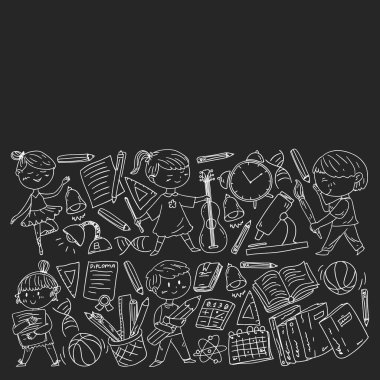 Sevimli okul çocukları. Hayal gücü ve yaratıcılık. Çal ve öğren, şarkı söyle, dans et, oku, çizim yap.