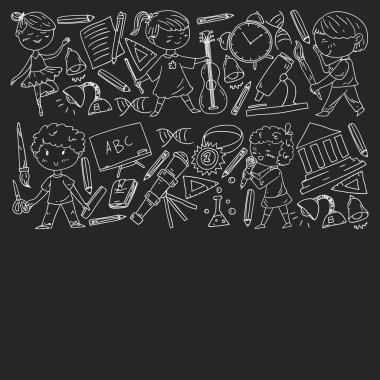 Sevimli okul çocukları. Hayal gücü ve yaratıcılık. Çal ve öğren, şarkı söyle, dans et, oku, çizim yap.