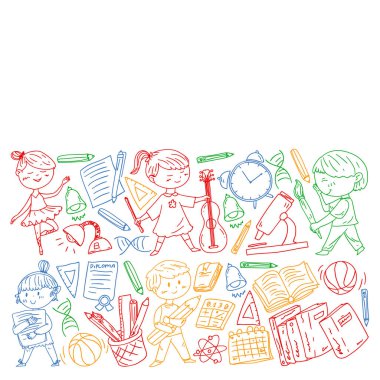 Sevimli okul çocukları. Hayal gücü ve yaratıcılık. Çal ve öğren, şarkı söyle, dans et, oku, çizim yap.