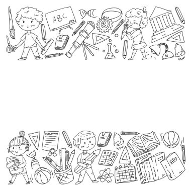 Sevimli okul çocukları. Hayal gücü ve yaratıcılık. Çal ve öğren, şarkı söyle, dans et, oku, çizim yap.