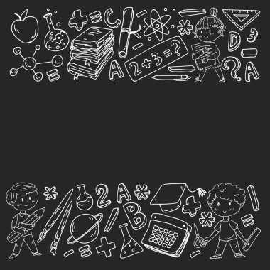 Sevimli okul çocukları. Hayal gücü ve yaratıcılık. Çal ve öğren, şarkı söyle, dans et, oku, çizim yap.