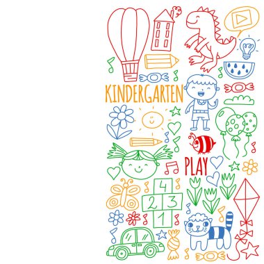 Anaokulu afişleri için vektör deseni, ay, gezegen, uzay gemisi, roket, güneş, meyve, ev, çiçek posterleri. Yaratıcılık ve hayal gücü.