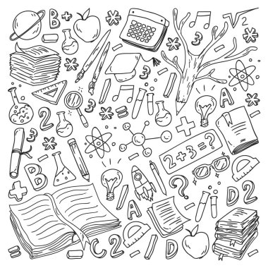 Okul, üniversite, üniversite, anaokulu desen vektör öğeleri ve simgeler. Yaratıcılık ve hayal gücü.