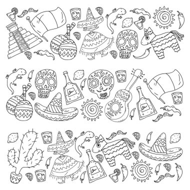 Meksika 'ya seyahat. Vektör duvar kağıtları, arka planlar için etnik elemets ile ayarlayın. Ölü günü