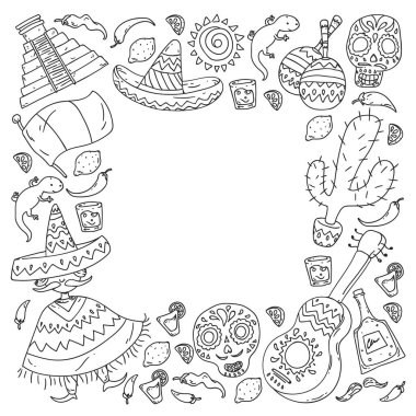 Meksika 'ya seyahat. Vektör duvar kağıtları, arka planlar için etnik elemets ile ayarlayın. Ölü günü