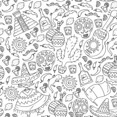 Meksika 'ya seyahat. Vektör duvar kağıtları, arka planlar için etnik elemets ile ayarlayın. Ölü günü