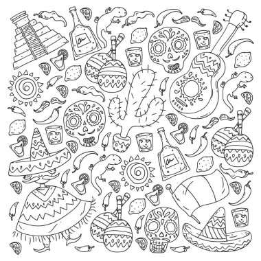 Meksika 'ya seyahat. Vektör duvar kağıtları, arka planlar için etnik elemets ile ayarlayın. Ölü günü