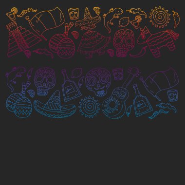 Meksika 'ya seyahat. Vektör duvar kağıtları, arka planlar için etnik elemets ile ayarlayın. Ölü günü