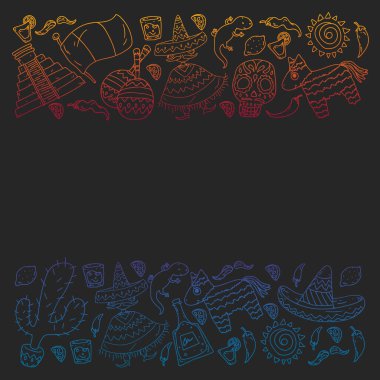 Meksika 'ya seyahat. Vektör duvar kağıtları, arka planlar için etnik elemets ile ayarlayın. Ölü günü