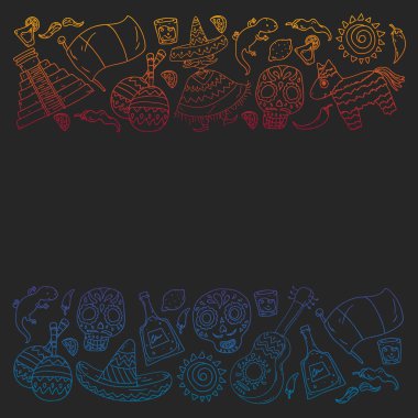 Meksika 'ya seyahat. Vektör duvar kağıtları, arka planlar için etnik elemets ile ayarlayın. Ölü günü