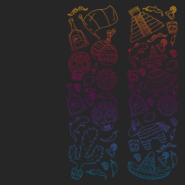 Meksika 'ya seyahat. Vektör duvar kağıtları, arka planlar için etnik elemets ile ayarlayın. Ölü günü