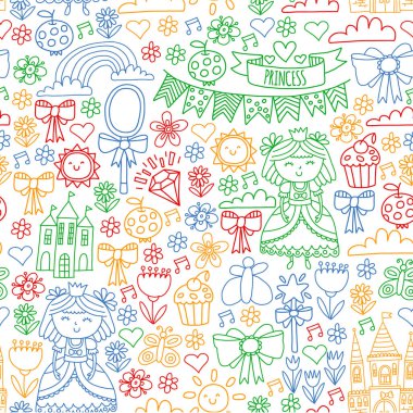 Küçük kızlar için vektör deseni. Mutlu Doğum günü partisi için Prenses illüstrasyon.